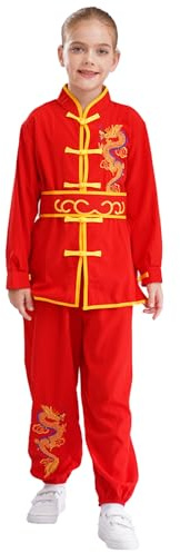 Mufeng Bambino Uniformi di Kung Fu Tang Suit Abiti Cinesi di Tai Chi Abbigliamento per Arti Marziali Camicia Cappotto Costume da Spettacolo Teatro Rosso 11-12 anni