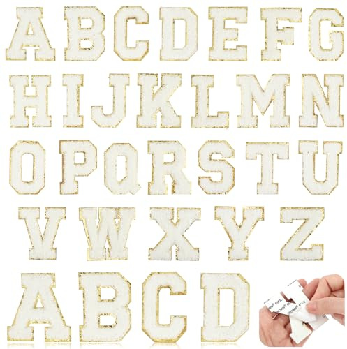 26 PCS 5.6cm Iron on Letters for Clothes, Chenille Letter Patches Alphabet A-Z Glitter Letter Iron on Patches Chenille Embroidered Patches for Clothing Sweatshirt Jackets Hat (White, Gold)
