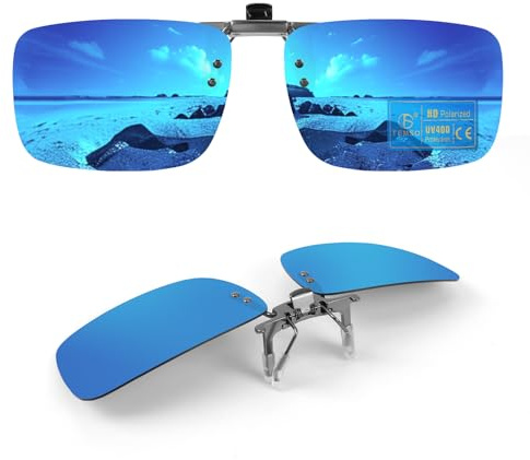 TEMSO Clip On Sunglasses Over Prescription Glasses For Mens Womens,Flip Up Polarized Fit Over Myopia Glasses On Holiday Beach,Outdoor,UV400 Protection|HD Vision|True Color|Ice Blue Mirror|60 * 41mm