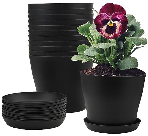 JIEHIN 12 stycken 17 cm blomkrukor plast svart, trädgårdsblomkrukor med underlägg och dräneringshål, små planteringskrukor i plast, planteringskärl för utomhusbruk och inomhus