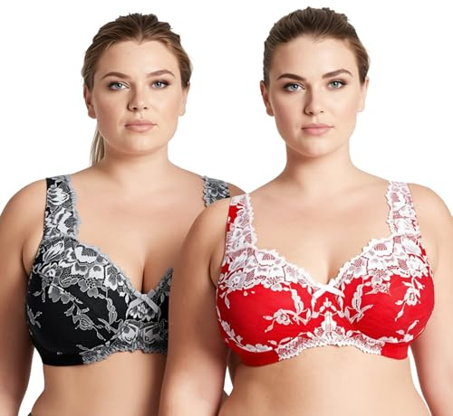 Curve Muse Sujetadores de Cobertura Completa de Encaje inalámbrico sin Forro para Mujer Talla Grande minimizador-Paquete de 2-Black,Red-110B-(EU:95B)