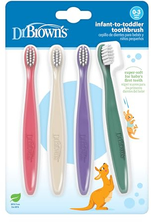 Dr. Brown's Juego de cepillos de dientes para bebés y niños pequeños, cepillos de dientes de mano suaves y delicados para bebés, rosa, crudo, morado, verde oscuro, sin BPA, 0-3 años, paquete de 4