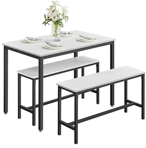 VASAGLE Dining Table with 2 Benches, 3 Piece Set, Kitchen Table of 70 x 110 x 75 cm, 2 Benches of 30 x 97 x 50 cm Each, Steel Frame, Marble White and Ink Black KDT070B59
