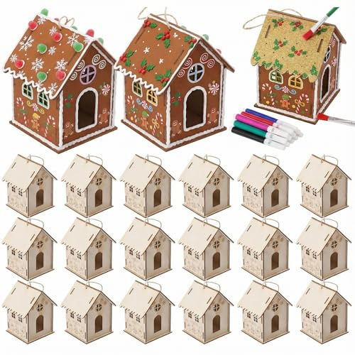 DoubleFill 24 Pcs Wood Gingerbread House DIY Craft Kit for Kids DIY Christmas Village Houses for Holiday Classroom Activities with 12 Color Markers Paint Your Own Wooden Birdhouse Set for Kids Gifts