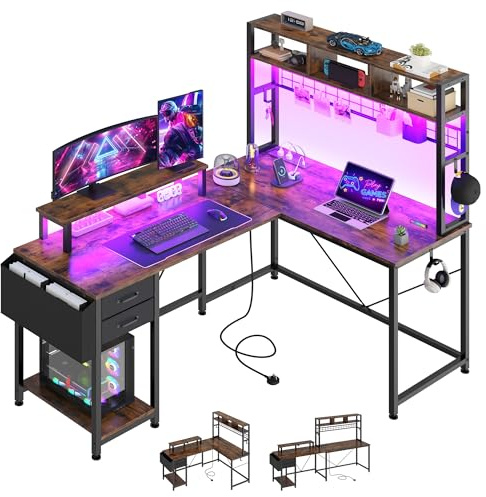 YITAHOME L Shaped Gaming Desk with Drawers, Reversible Home Office Corner Computer Desk Storages & Shelves, 150x100 cm Gaming Table with LED Lights & Power Outlets, Vintage