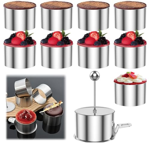 Jokapy Juego de 10 anillos de postre de 8 cm, con forma de mousse, de acero inoxidable, con elevador y apisonador, formas tártaras, para mousse, postres, tartas de queso, hornear