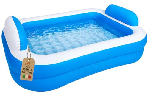Akitaink Piscina Gonfiabile Rettangolare 200x150x50 cm con Cuscini e Fondo Gonfiabile in PVC Azzurro/Bianco per Bambini dai 3 Anni in Su