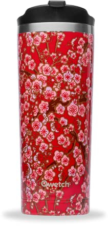 QWETCH - Travel Mug Isotherme - Flowers Rouge 470ml - Thermos Café & Thé en Inox - 6h Chaud et 12h Froid - Sans BPA, Étanche, Mug de voyage
