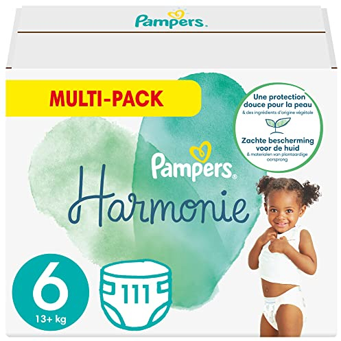 Pampers Windeln, Größe 6 (13+ kg), Harmonie, 111 Windeln für Babys, 1 Monat, 0% Kompromiss, 100% Absorption, Inhaltsstoffe pflanzlichen Ursprungs, hypoallergen