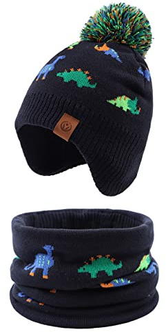 XIAOHAWANG Dinosaure Bébé Chapeau Écharpe Ensemble Chapeaux d'hiver pour Enfant Garçon Fille Bonnet de Chaud Automne 0 à 7 Ans (9-24 mois, Coloré Dinosaure)