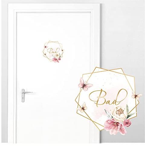 Grandora Türaufkleber Bad mit Blume und Schmetterlinge I 20 x 20 cm (BxH) I Wandsticker selbstklebend WC Wandaufkleber Toilette Wandtattoo Badezimmer Aufkleber DL730 20 x 20 cm (BxH)