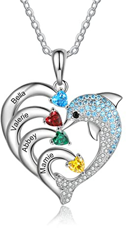 ALBERTBAND Collier Personnalisé Dauphin de Coeur avec 2-8 Noms Gravés Pendentif de Pierre pour les Femmes Collier de Promesse de Famille pour le Cadeau de Bijoux de Saint Valentin (4 noms)