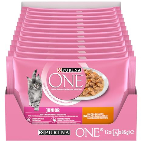 PURINA ONE Junior Cibo Umido per Gattini 1-12 Mesi Filettini con Pollo e Carote in Salsa 48 Buste da 85 g