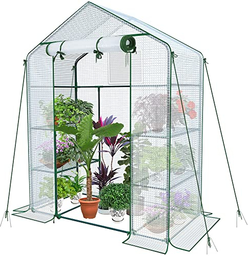 VOUNOT Serra da Giardino 143x73x195 cm con Porta Avvolgibile e Finestra di Osservazione, Mini Serra Orto Vivaio per Piante 4 Ripiani per Fiori Verdure Crescita, Bianco