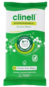 Clinell Universal Biodegradable Cleaning and Disinfectant Wipes for Surfaces - Pack of 60 - Plastic Free - Multi-Purpose Wipes, Kills 99.99% of Bacteria & Viruses, Neutral Scent