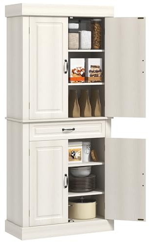 HOMCOM Kitchen Cupboard with 4 Doors, Freestanding Storage Cabinet with Wide Drawer and Shelves for Living Room, 180cm, White Wood Grain