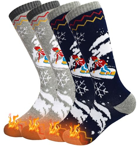 SkiBeaut Kids Ski Socks, 2 Pairs Knee-high Thick Warm Snowboard Skating Skiing Socks for Boys Girls Toddler Youth, Age 3-12 (US, Age, 7 Years, 12 Years, #2 Light Gray + Dark Blue)
