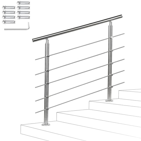 Fiqops Corrimano in acciaio inox, Ringhiera per scale esterni e interni 120 cm con 5 barre trasversali Ø 42 mm regolabile ad angolo per scale, giardino, ingresso casa, parapetto