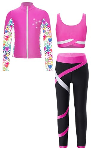 Mufeng 3 Pezzi Tuta da Ginnastica Bambina Giacca da Pattinaggio Artistico con Pantaloni Leggings Top Corto Reggiseno Completo Danza Moterna Jazz Hip Hop Rosa caldo 11-12 anni