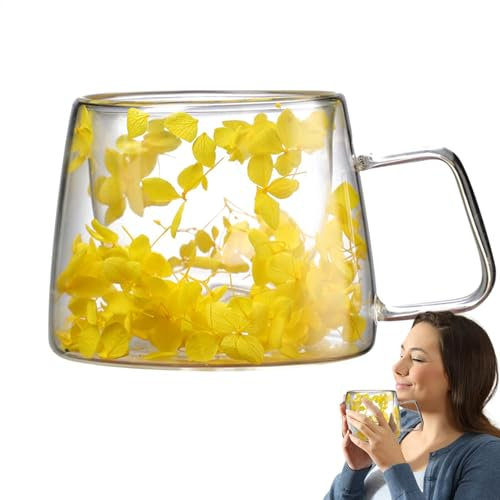 Taza de café con flores secas de doble pared, tazas de vidrio transparente con flores, taza de vidrio resistente al calor de 200 ml con asa, taza de flores creativas para café con leche, jugo de leche