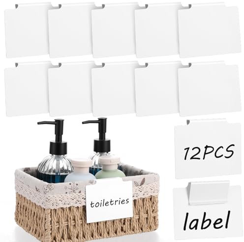 12 Stück Etikettenhalter Clip Korb Etiketten Clips Abnehmbare Label Halter Lagerung Körbe Clips Etikette Weiß PVC Korb Etiketten für Aufbewahrungsbehälter Organisationsbox Lagerung Körbe