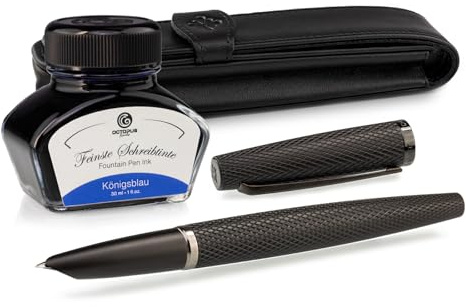 Octopus Diplomat Viper svart – ädel reservoarpenna av anodiserad aluminium, tillverkad i Tyskland, inkl. fluiderbläck (30 ml) och fodral för oxläder