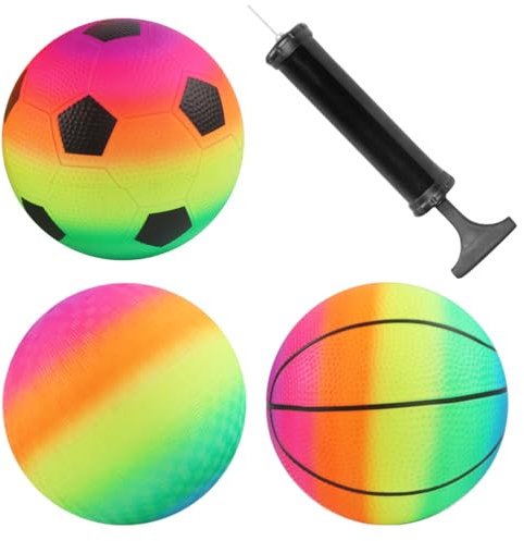3 Pcs Inflatable Beach Ball with Pump, Inflatable Sport Balls Football Basketball Rainbow Ball Outdoor Playground Garden Bouncy Beach Balls Summer Games for Kids Boys Girls Adults Summer Games