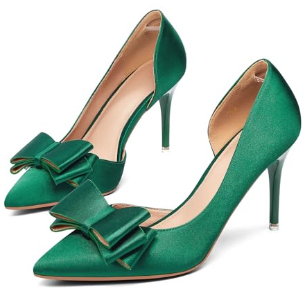Womens Bow Heels Closed Pointed Toe Dress Shoes Stiletto Slip on Wedding Pumps, Green-satin, 9 UK