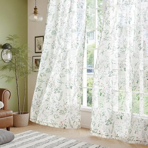 TOPICK Gröna gardiner med veckband ren voile blommor, gardiner för skensystem med dolda slingor, transparent för vardagsrum, fönster, lantlig stil, set om 2, H 225 x 127 (cm)