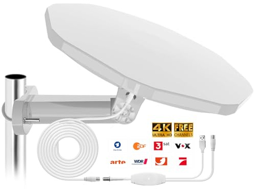 Antenna DVBT2, antenna da camera DVB-T e DVB-T2, con amplificatore, per interni ed esterni, antenna digitale con amplificatore per esterni, angolo di ricezione a 360°, resistente alle intemperie, ai