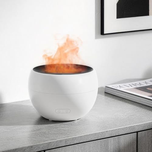 SALKING Diffuseur D'huiles Essentielles 150ml, Arôme Diffuseur Ultrasonique avec Effet Flamme, Arrêt Automatique, Humidificateur d'air pour Chambre,Yoga, Diffuser Aromathérapie, Blanc