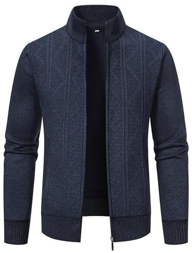 crazy bean Cardigan da Uomo Lavorato a Maglia Cardigan Lavorato Invernale Maniche Lunghe da Uomo con Zip Intera Caldo Maglione a Righe Casual Grigio Scuro L