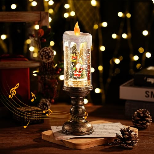 Lomffy Christmas Snow Globe Lantern with Music & Light, Flameless Candle Lights Vintage Snowglobe Lantern LED Glitter Lantern Snow Globe Night Light USB & Battery Operated Christmas Decorations Gifts