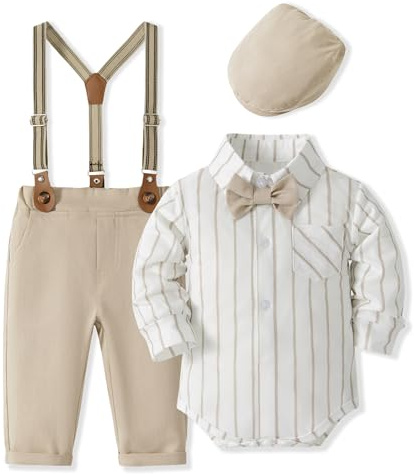 Volunboy Bébé Garçon Costume Gentleman, Noeud Papillon Chemise + Pantalon + Chapeau Béret 5 Pièces(Taille 73,9-12 mois,Rayures Kaki