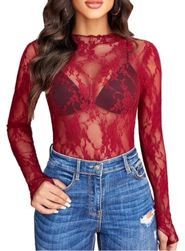MIZSPISE Blusa Donna Pizzo Elegante Manica Lunga Camicia Transparente Festa Curvy Tuta Hot Maglietta a Rete Casual Sera Notte Regalo Cerimonia (IT, Testo, S, Regular, Regular, Vino Rosso)