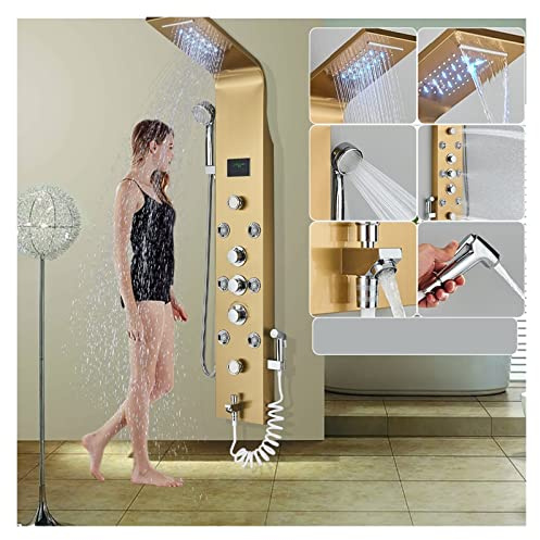 Svart LED-duschpanel Sex funktioner Vattenfall duschpanel Badrumskran Badrum SPA Massage Jet Badkar Mixer Massagespruta(8009 Gold)