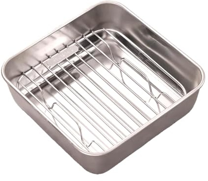 VNLCPX Teglia per Friggitrice ad Aria, Tortiera Quadrata in Acciaio Inox con Griglia, Teglia da Forno 16 cm, Lavabile in Lavastoviglie, Argento
