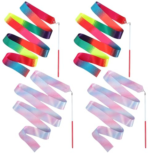 Axafazup 4 PCS Dance Ribbons with Wand, 2 Meters Gymnastics Ribbon Streamer, Twirling Dancing Ribbons for Adults, Rhythmic Gymnastics Training Equipment, Artistic Dance Accessories