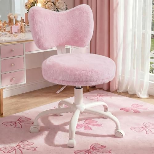 Cliporix Cute Fluffy Bow Vanity Chair, Swivel Height Adjustable Desk Chair, Double-Layer Padded Cushion Dressing Table Chair for Bedroom Dressing Room, Adorable Comfort for Women Girls (Pink)