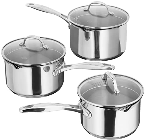 Stellar Profile Set of 3 Stainless Steel Draining Pans 16cm, 18cm x 20cm Saucepans with Large Lip and Strainer Lids, Induction Ready
