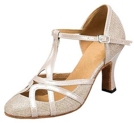 MINITOO Latinamerikansk salsa T-rem stängd tå syntetisk balsal dansskor kväll bröllopspumpar, Th101 Champagne 8 cm klack, 39 EU