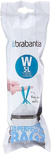 Brabantia IdealFit Bin Liners (Size W/5 Litre) Ideal Quality Thick Plastic Trash Bags with Tie Tape Drawstring Handles (20 Bags), White