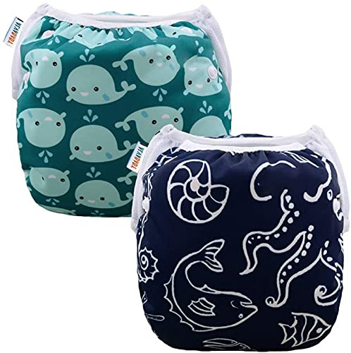 ALVABABY Swim Diapers 2pcs Reusable Baby Swim Diaper 9 Months-3T Adjustable Snap Washable Toddler Swimming Diaper for Pool Beach & Swim Lessons â Waterproof PUL Leak-Proof UPF 30+ Large Size