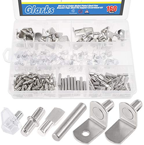Glarks - Set di 160 perni per scaffali in nichel, con supporti in PVC e pioli per cucchiaio, staffa L e perni per armadi