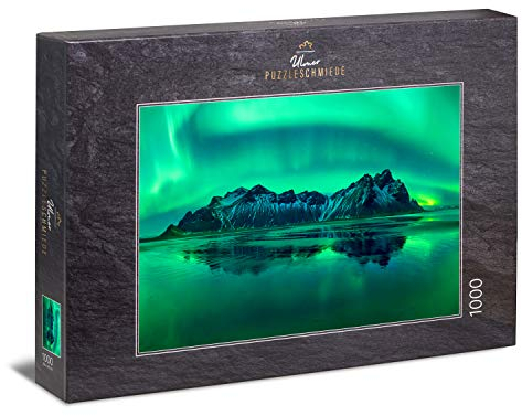 Ulmer Puzzleschmiede - Puzzle „Eiswellen“ - Klassisches 1000 Teile Natur-Puzzle – Puzzlemotiv aus dem hohen Norden - beeindruckende Polarlichter über Gebirge und Eismeer, Nord-Norwegen, Skandinavien