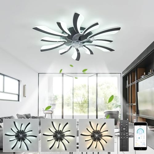 LJX Luminaire Plafonnier Ventilateur Telecommande DC Lustre Ventilateur de Plafond et Silencieux Minuterie Dimmable été et Hiver Réversible Lumière Chambre Ventilateur, Noir
