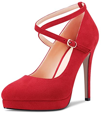 NobleOnly Femmes Aiguille Haut High Talon Heel Plate-Forme Fermé Bout Escarpins Lanières Croisées Slip-on Mariage Party Dress Chaussures Rouge Suède 37 EU