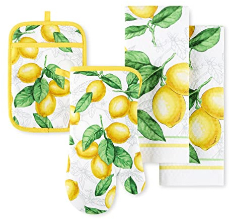 Martha Stewart Lots of Lemons Modern Kitchen Towel, Oven Mitt & Potholder Set, 4-Pack, White-Yellow
