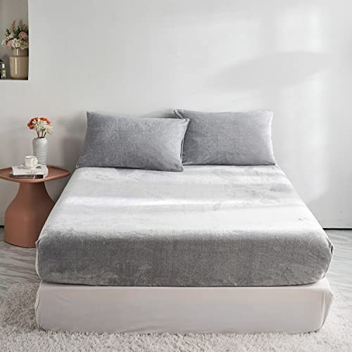 Damier Winter Spannbettlaken 140x200cm Grau Flauschige Warme Samt Bettlaken Teddy Plüsch Spannbetttuch Geeignet für 30cm Matratze