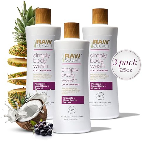 RAW SUGAR Pineapple Maqui Berry Reviver Gentle & Hydrating Body Wash, 20 Fl Oz (Pack of 3), Moisturizing & Smoothing Bath & Shower Gel, Vegan, Formulated without SLS/SLES & Parabens